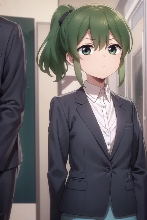 futabaigarashi, <lora:futaba igarashi s1-lora-nochekaiser:1>,
futaba igarashi, (green eyes:1.3), ponytail, green hair, medium hair, igarashi futaba \(shiromanta\),
BREAK skirt, shirt, jacket, collared shirt, coat, formal, suit, office lady, business suit, skirt suit, overcoat,
BREAK indoors, office,
BREAK looking at viewer, (cowboy shot:1.5),
BREAK <lyco:GoodHands-beta2:1>, (masterpiece:1.2), best quality, high resolution, unity 8k wallpaper, (illustration:0.8), (beautiful detailed eyes:1.6), extremely detailed face, perfect lighting, extremely detailed CG, (perfect hands, perfect anatomy),