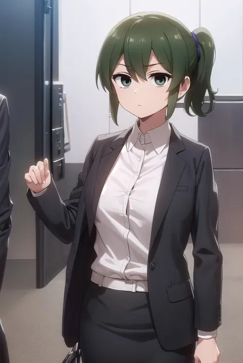 futabaigarashi, <lora:futaba igarashi s1-lora-nochekaiser:1>,
futaba igarashi, (green eyes:1.3), ponytail, green hair, medium hair, igarashi futaba \(shiromanta\),
BREAK skirt, shirt, jacket, collared shirt, coat, formal, suit, office lady, business suit, skirt suit, overcoat,
BREAK indoors, office,
BREAK looking at viewer, (cowboy shot:1.5),
BREAK <lyco:GoodHands-beta2:1>, (masterpiece:1.2), best quality, high resolution, unity 8k wallpaper, (illustration:0.8), (beautiful detailed eyes:1.6), extremely detailed face, perfect lighting, extremely detailed CG, (perfect hands, perfect anatomy),