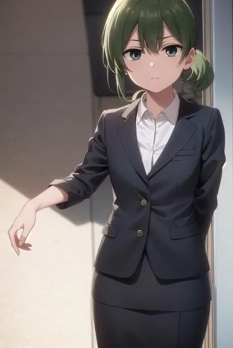 futabaigarashi, <lora:futaba igarashi s1-lora-nochekaiser:1>,
futaba igarashi, (green eyes:1.3), ponytail, green hair, medium hair, igarashi futaba \(shiromanta\),
BREAK skirt, shirt, jacket, collared shirt, coat, formal, suit, office lady, business suit, skirt suit, overcoat,
BREAK indoors, office,
BREAK looking at viewer, (cowboy shot:1.5),
BREAK <lyco:GoodHands-beta2:1>, (masterpiece:1.2), best quality, high resolution, unity 8k wallpaper, (illustration:0.8), (beautiful detailed eyes:1.6), extremely detailed face, perfect lighting, extremely detailed CG, (perfect hands, perfect anatomy),