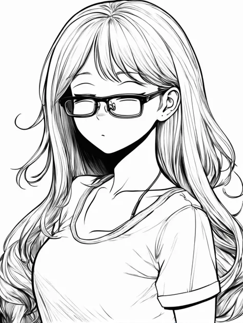lineart of a lewd lady with long messy hair, wearing glasses and tight skirt with pantyhose, nose blush, half-closed eyes, open mouth, front view, solo, sfw, LineAniAF <lora:LineAniRedmondV2-Lineart-LineAniAF:1>