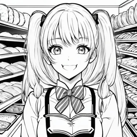 LineAniAF,
best quality, anime, cashier girl, bakery, hair bow, (smiling:0.5), (lineart), manga, (monochrome), (colorless) 
, <lora:Lineart-LineAniAF-LessSize20:1>