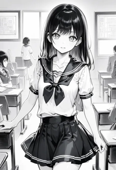 1girl, solo, teen (white sailor-fuku, short sleeve, black collar, deep gray skirt, dark gray neckerchief:1.5) (cute,sweet,bare face,big eyes,black hair:1.4) (smile:1.2) straight hear, medium hair, short tall, cowboy shot (in classroom, no other students, hands behind:1.5) (dynamic pose,dynamic angle:1.2) BREAK japanese, japanese idol, black eyes (manga, lineart, monochrome, black and white, colorless, white skin:1.4) <lora:LineAniRedmond-LineAniAF:1> LineAniAF <lora:neg4all_bdsqlsz_xl_V7:0.8>