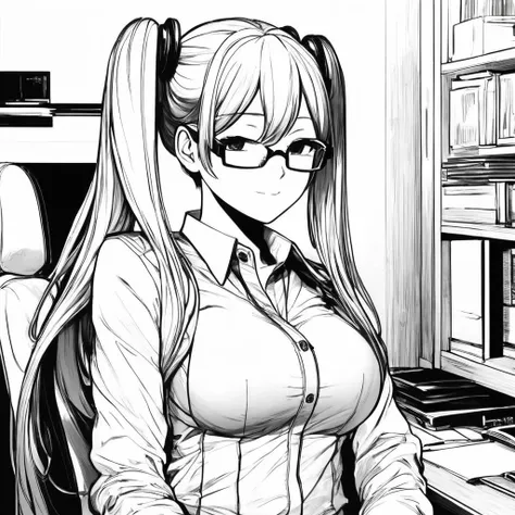 <lora:LineAniRedmondV2-Lineart-LineAniAF:1> lineart, LineAniAF, best quality, anime, hatsune miku, wearing a jacket, white shirt, big breast, glasses, focus on face, room, manga, (lineart), (monochrome), black and white, (colorless), sfw