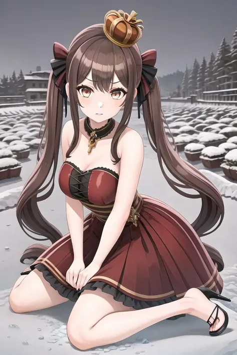 bingtang,1girl,dress,mini crown, masterpiece, best quality,full body, high heels, brown eyes,
,(a world of ice and snow:1.2),