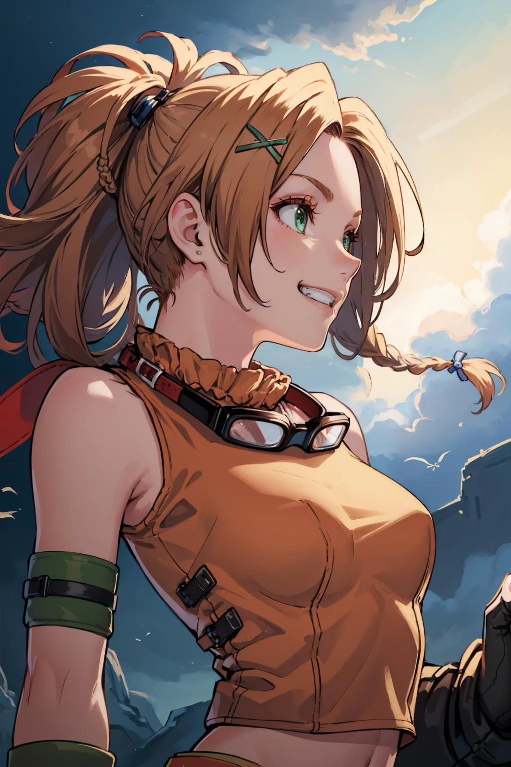 masterpiece, best quality, <lora:RikkuV3:1> RikkuX, x hair ornament, goggles around neck, fingerless gloves, midriff, navel, profile, upper body, looking up, sky, grin, arms behind head