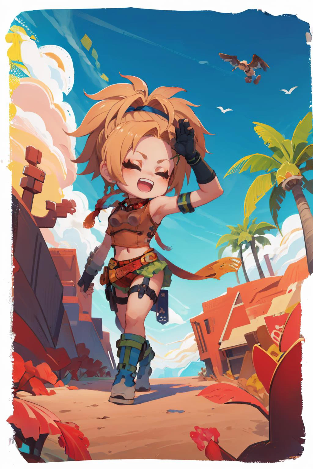 masterpiece, best quality, <lora:RikkuV3:1> RikkuX, x hair ornament, goggles around neck, fingerless gloves, midriff, navel, belt, boots <lora:style_onmyoji-20:1> border, chibi, desert, blue sky, :D, closed eyes, walking, palm trees