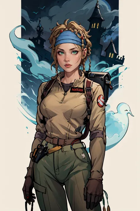 (masterpiece,best quality,absurdres,beautiful,aesthetic,detailed),haunted mansion,abstract background,serious,1girl,RikkuX2, blue headband, ghostbuster uniform, protopack,  <lora:RikkuV3:1> <lora:Ghostbuster:0.7>