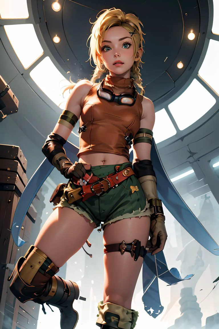(masterpiece, best quality), 1girl, <lora:RikkuV3:1> RikkuX, x hair ornament, goggles around neck, fingerless gloves, midriff, navel, belt, boots