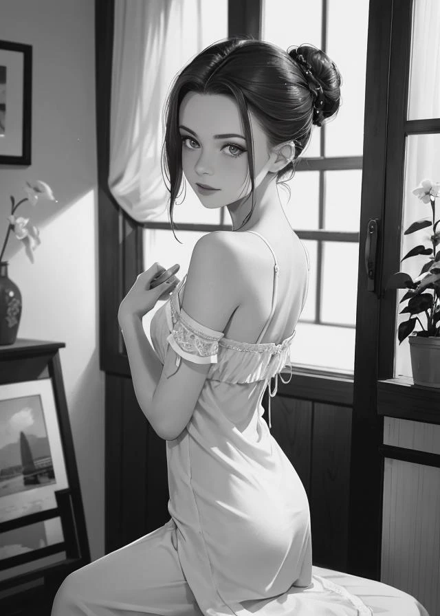 1930's photograph of 19 y/o woman jp-april-v2-350, Chignon bun, porcelain complexion , Bias-cut nightgown in silk, adorned with intricate lace panels , Glamour film set , Argus A, 50mm f/4.5, 1/50s, ISO 100, Ilford FP4 <lora:epiCRealLife:0.8>