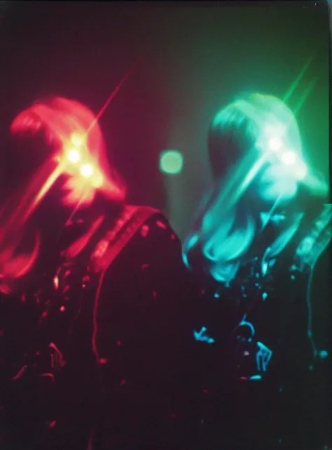 lomo artistic starburst filter grainy film photograph portrait of a goth band, posing on a wall, haute couture, colorful lights, psychedelic, a hologram, holography, monotones, blown out <lora:XL_F8HAUSPRISM:1>