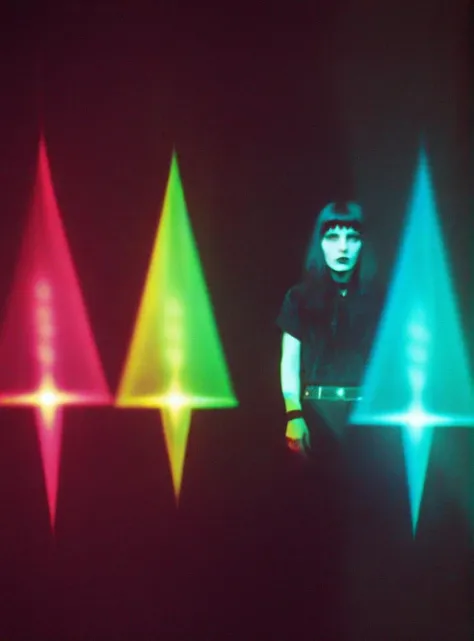lomo artistic starburst filter grainy film photograph portrait of a goth band, posing on a wall, haute couture, colorful lights, psychedelic, a hologram, holography, monotones, blown out <lora:XL_F8HAUSPRISM:1>