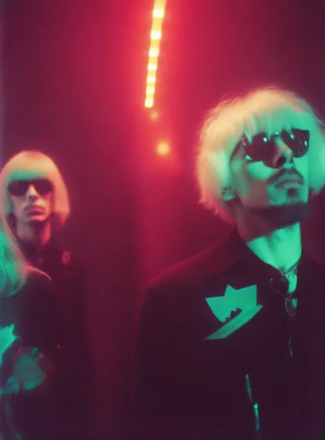 lomo artistic starburst filter grainy film photograph portrait of a goth band, posing on a wall, haute couture, colorful lights, psychedelic, a hologram, holography, monotones, blown out <lora:XL_F8HAUSPRISM:1>
