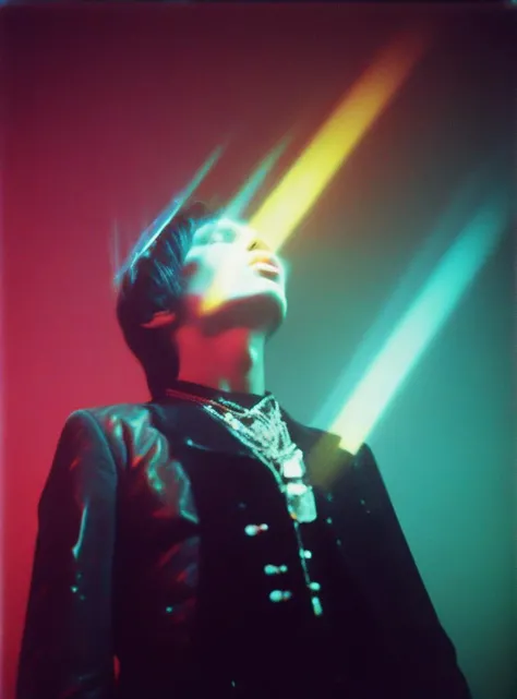 lomo artistic starburst filter grainy film photograph portrait of a goth band, posing on a wall, haute couture, colorful lights, psychedelic, a hologram, holography, monotones, blown out <lora:XL_F8HAUSPRISM:1>