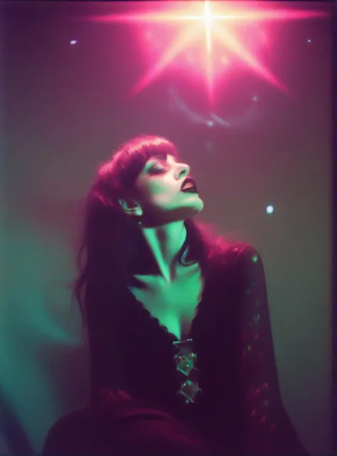 lomo artistic starburst filter grainy film photograph portrait of a female goth girl stripper, posing on a wall, haute couture, colorful lights, psychedelic, a hologram, holography, monotones, blown out <lora:XL_F8HAUSPRISM:1>