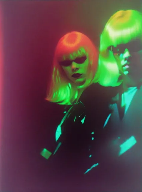 lomo artistic starburst filter grainy film photograph portrait of a goth band, posing on a wall, haute couture, colorful lights, psychedelic, a hologram, holography, monotones, blown out <lora:XL_F8HAUSPRISM:1>