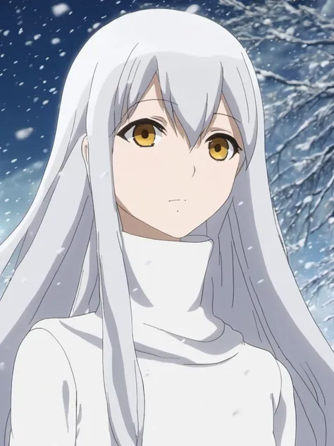 <lora:Kyuono-Heewon-V1.1:0.7>, a photo of anime girl Kyuono Heewon in a white dress standing in the snow, detailed yellow eyes with black pupil, complex background, dystopia, ((full shot)), wearing a white kurta dress with serious looking, 8k, uhd, (masterpiece, best quality, ultra-detailed, best shadow),long straight silver hair, (detailed background,dark fantasy), depth of field,black light particles, dress, symbol-shaped_pupils, nervous, dressed in a gray, epic background