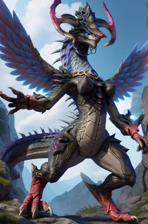 tiamat, female, feral, thin, scalie, blue eyes, detailed eyes, horns, claws, wings, tail, <lora:SM_Tiamat_a1_Fix:1>, midair