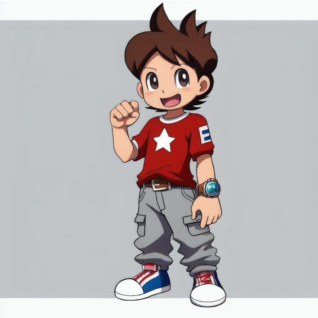 anime, yo-kai watch, level 5, 2d, anime accurate,  amanokeita,  11 years old,  human, boy,  solo, looking at viewer, smile, open mouth, simple background, shirt, 1boy, white background, standing, full body, male focus, shoes, belt, pants, star (symbol), black eyes, t-shirt, red shirt, watch, wristwatch, grey pants <lora:amanokeita:1>