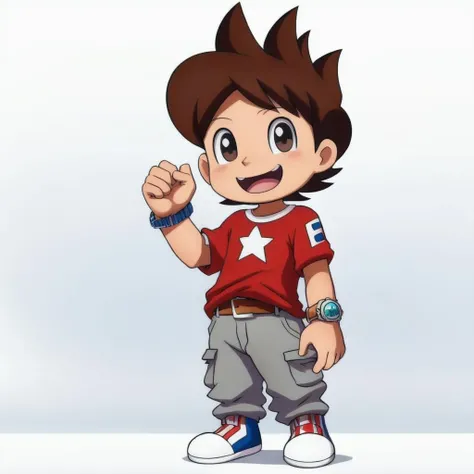 anime, yo-kai watch, level 5, 2d, amanokeita, human, boy, solo, looking at viewer, smile, open mouth, simple background, shirt, 1boy, white background, standing, full body, male focus, shoes, belt, pants, star (symbol), black eyes, t-shirt, red shirt, watch, wristwatch, grey pants <lora:amanokeita:1>