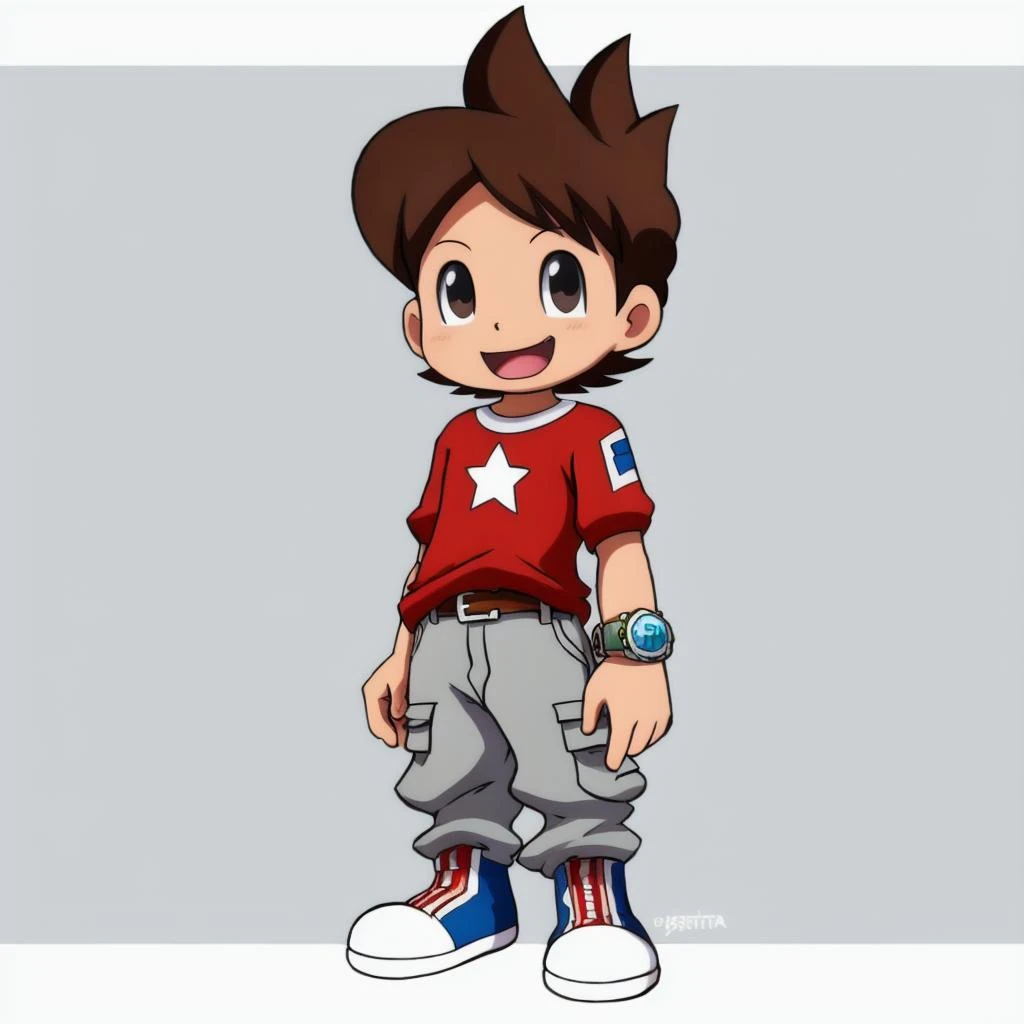 anime, yo-kai watch, level 5, 2d, amanokeita, human boy, young, child, solo, looking at viewer, smile, open mouth, simple background, shirt, 1boy, white background, standing, full body, male focus, shoes, belt, pants, star (symbol), black eyes, t-shirt, red shirt, watch, wristwatch, grey pants <lora:amanokeita:1>