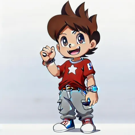anime, yo-kai watch, level 5, 2d, amanokeita, human, boy, solo, looking at viewer, smile, open mouth, simple background, shirt, 1boy, white background, standing, full body, male focus, shoes, belt, pants, star (symbol), black eyes, t-shirt, red shirt, watch, wristwatch, grey pants <lora:amanokeita:1>