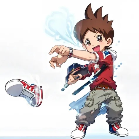anime, yo-kai watch, level 5, 2d, amanokeita, 11 years old, human, boy, solo, looking at viewer, smile, open mouth, simple background, shirt, 1boy, white background, standing, full body, male focus, shoes, belt, pants, star (symbol), black eyes, t-shirt, red shirt, watch, wristwatch, grey pants <lora:amanokeita:1>