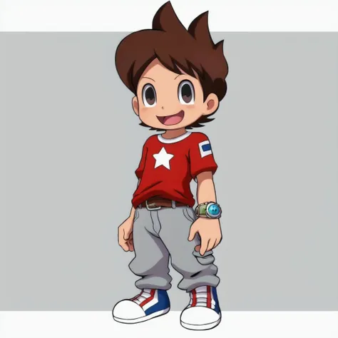 anime, yo-kai watch, level 5, 2d, amanokeita,  human boy, young, child, solo, looking at viewer, smile, open mouth, simple background, shirt, 1boy, white background, standing, full body, male focus, shoes, belt, pants, star (symbol), black eyes, t-shirt, red shirt, watch, wristwatch, grey pants <lora:amanokeita:1>