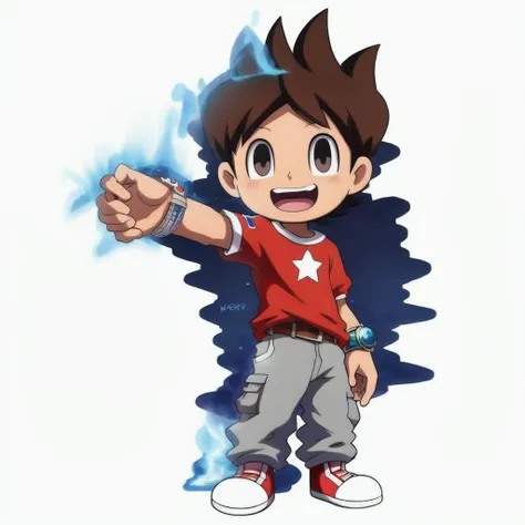 anime, yo-kai watch, level 5, 2d, amanokeita,  11 years old,  human, boy,  solo, looking at viewer, smile, open mouth, simple background, shirt, 1boy, white background, standing, full body, male focus, shoes, belt, pants, star (symbol), black eyes, t-shirt, red shirt, watch, wristwatch, grey pants <lora:amanokeita:1>