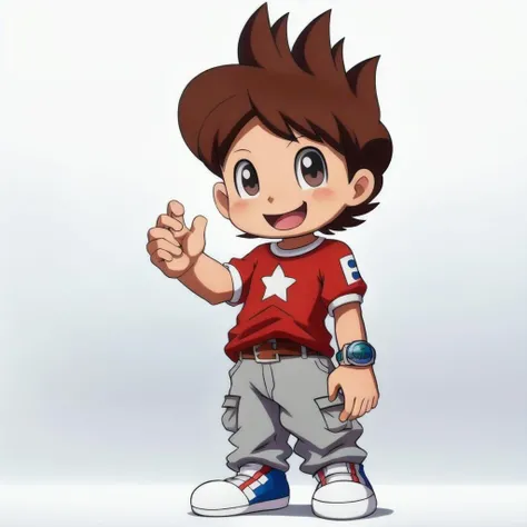anime, yo-kai watch, level 5, 2d, amanokeita,  human boy, young, child, solo, looking at viewer, smile, open mouth, simple background, shirt, 1boy, white background, standing, full body, male focus, shoes, belt, pants, star (symbol), black eyes, t-shirt, red shirt, watch, wristwatch, grey pants <lora:amanokeita:1>
