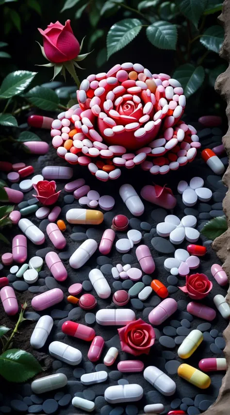 rose made of pills in garden, darkness, enigmatic dreamscape professional photo <lora:pills:1>