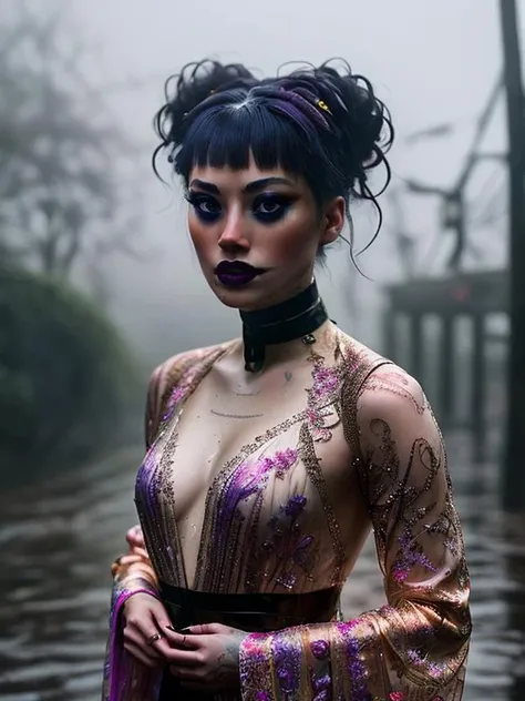 mj, portrait (LDR_LoraDancer:0.9), <lora:LDR_The_Witness_Dancer_V3-10:0.9> Rain, hurricane, drops on body, epic shot, shot on the move, Hyperdetailed photorealism, (ultra-detailed), detailed glow, ambient occlusion, ambient light, f/1.8, a woman with colorful braided bun hairstyle, wearing transparent floral embroidered lace gown with long sleeves, sunset, ,octane, cinematic