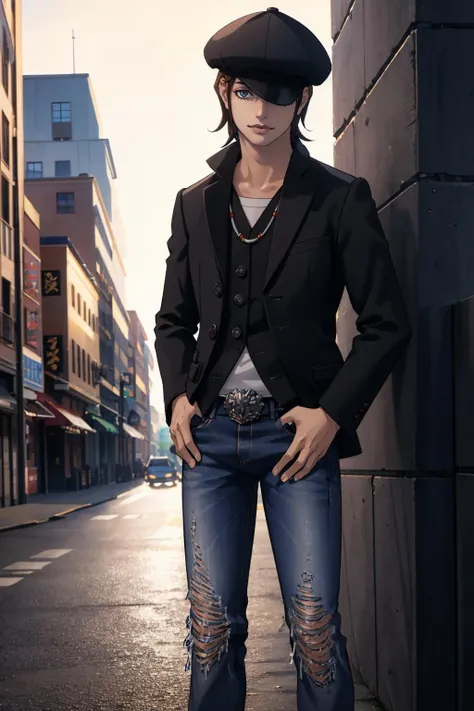 masterpiece, best quality,
<lora:zs_Isamu:1> isamusmt, black hat, black jacket, necklace, jeans, standing, city, looking at viewer