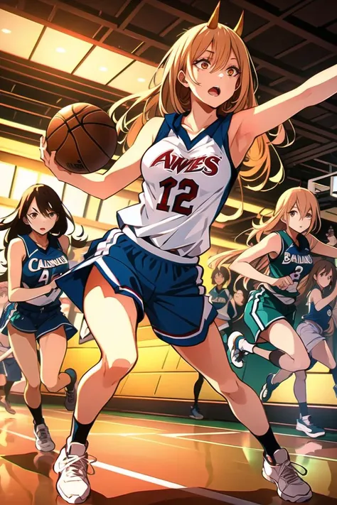 ,multiple girls, 4girls, blonde hair,basketball uniform,holding basketball, sportswear,power \(chainsaw man\),(makima \(chainsaw man\)),higashiyama kobeni,looking at another,shorts, long hair,horns, basketball,breasts, short hair,orange eyes, open mouth, brown hair, jumping, running, medium breasts, shoes, two-tone hair, ball, sneakers, armpits,  shirt,, (masterpiece:1.0), (best quality:1.0), (8k wallpaper:1.0), extremely delicate and beautiful, (beautiful detailed face:1.0), (detailed deep eyes),  symmetrical breasts, deep eyes,