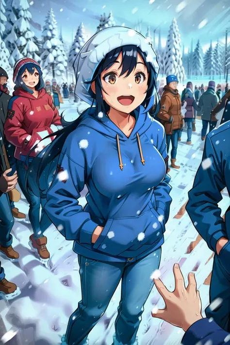 1girl, mature female, winter, snow, medium breasts, winter clothes, jeans, hoodie, smile, open mouth, solo, solo focus, hands in pockets, crowd