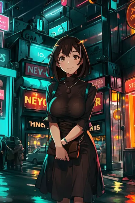 City street, road, cars, buildings, neon lights, nighttime, night sky, lights, 1girl, mature female, dress,brown hair, solo focus, large breasts, solo, looking at viewer, handbag, smile