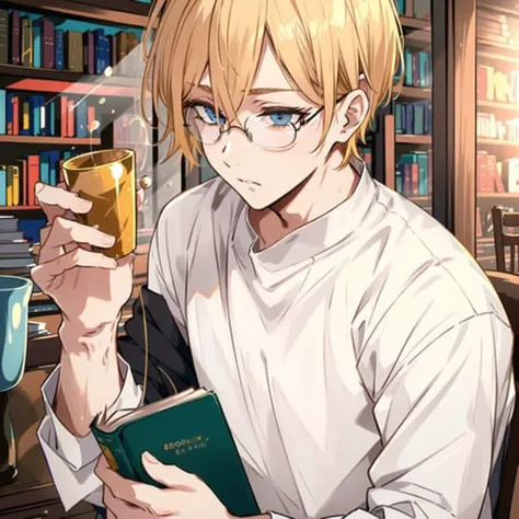 1boy, mature male, blonde hair, spiked hair,holding book, short hair, muscular, white shirt, library, glasses,solo focus, male focus, (masterpiece:1.0), (best quality:1.0), (8k wallpaper:1.0), extremely delicate and beautiful, (beautiful detailed face:1.0), (detailed deep eyes), deep eyes,