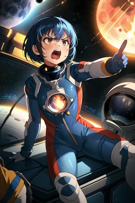 1girl, blue hair, short hair, shouting, mouth open, angry, spacesuit, bodysuit, explosions, space, moon, solo, spacecraft, solo focus, sitting, pointing