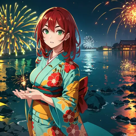 1girl, red hair, green eyes, standing, fireworks, night, kimono, solo, solo focus, (masterpiece:1.0), (best quality:1.0), (8k wallpaper:1.0), extremely delicate and beautiful, (beautiful detailed face:1.0), (detailed deep eyes),  symmetrical breasts, deep eyes,