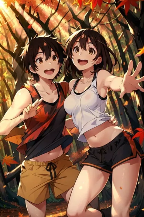 1girl, 1boy, couple, mature male, mature female,autumn, forest, trees, medium breasts, shorts, tank top, midriff, navel, smile, open mouth, sunlight, black hair, brown hair