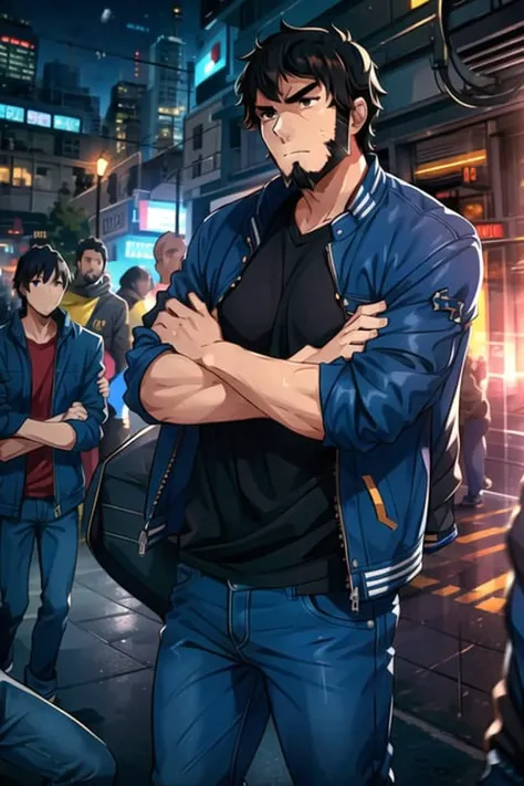 1boy,mature male, beard, black hair, muscular, jeans, jacket, solo, solo focus, crossed arms,