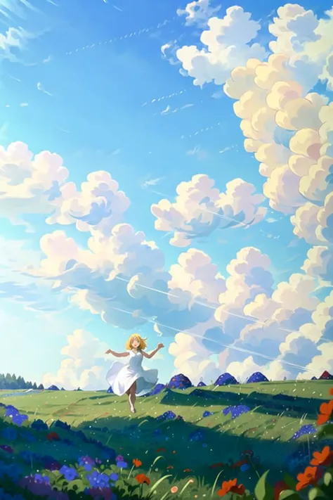 1girl,mature female,flowers,blonde hair, green eyes, arms out, white dress, running,full body, grass, hill, field, depth of field, red flower, blue flower, yellow flower, purple flower, hair flower,  light rays, warm lighting, detailed lighting, clouds, blue sky, solo focus, solo