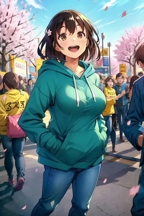 1girl, mature female,spring, blossoms, medium breasts, jeans, hoodie, smile, open mouth, solo, solo focus, hands in pockets, crowd