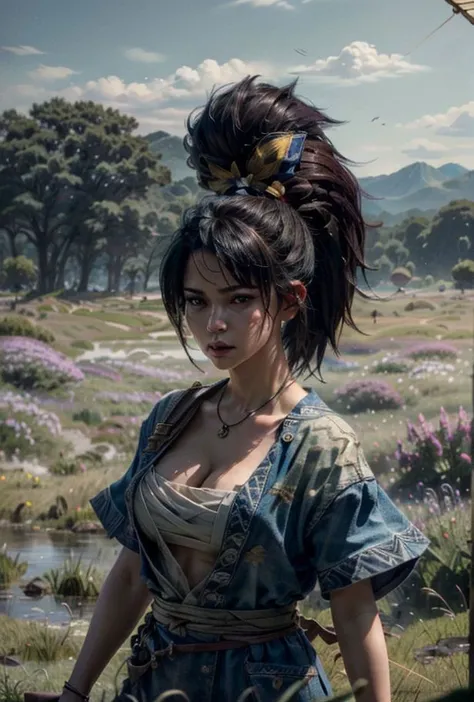 4k, 8k, best quality, ultra high res, (photorealistic:1.4),(masterpiece:1.2), best quality, masterpiece, highres, original, extremely detailed wallpaper, (ultra-detailed), (best illustration), (best shadow), (realism), realistic,
(1girl:1.2), female, ys, yasuo, high ponytail, (sarashi:1.1),  cleavage, 
grass field, flower field, 
 <lora:ys2:0.6> <lora:more_details:0.5> <lora:budget_sarashi:0.75>