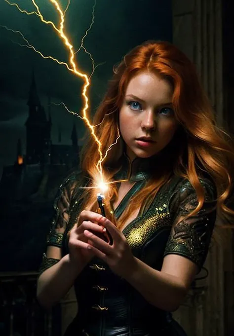 ginger, blue eyes, portrait, masterpiece, eletric wizzard, creating a thunder spell, girl emanating energy and sparks, arc flash,  castle in background, lightning bolt, thunderstorm, Big Close-Up, best quality, highly detailed, cinematic film, dramatic lighting shadow, kodak, vignette, high budget, epic film grain, grainy, hyper detailed, expressive,  award winning, intricate details, looking at viewer, dynamic pose, atmospheric haze, cinematic film still, highly detailed, high budget, photorealistic, candid camera, color graded cinematic, eye catchlights, atmospheric lighting, natural <lora:ginger_v03:1>