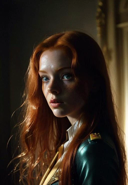 ginger, portrait, masterpiece, military uniform, Big Close-Up, pale skin, straight long hair, big blue eyes, freckles, wet hair, best quality, highly detailed, cinematic film, dramatic lighting shadow, kodak, vignette, high budget, epic film grain, grainy, hyper detailed, expressive,  award winning, intricate details, looking at viewer, dynamic pose, atmospheric haze, cinematic film still, highly detailed, high budget, photorealistic, candid camera, color graded cinematic, eye catchlights, atmospheric lighting, natural <lora:ginger_v03:1>