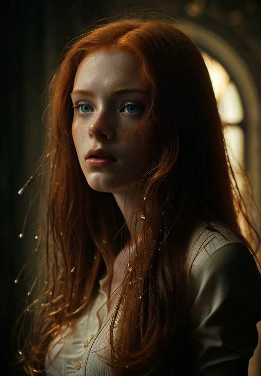 ginger, portrait, masterpiece, military uniform, Big Close-Up, pale skin, straight long hair, big blue eyes, freckles, wet hair, best quality, highly detailed, cinematic film, water drops, rain drops, splash detailed, surreal dramatic lighting shadow, kodak, vignette, high budget, bokeh, cinemascope, moody, epic film grain, grainy, hyper detailed, expressive,  award winning, intricate details, looking at viewer, dynamic pose, atmospheric haze, cinematic film still, highly detailed, high budget, photorealistic, candid camera, color graded cinematic, eye catchlights, atmospheric lighting, natural <lora:ginger_v03:1>