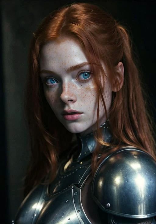 ginger, portrait, masterpiece, black steel armor, full plate armor, Big Close-Up, pale skin, straight long hair, big blue eyes, freckles, wet hair, best quality, highly detailed, cinematic film, dramatic lighting shadow, kodak, vignette, high budget, epic film grain, grainy, hyper detailed, expressive, award winning, intricate details, looking at viewer, dynamic pose, atmospheric haze, cinematic film still, highly detailed, high budget, photorealistic, candid camera, color graded cinematic, eye catchlights, atmospheric lighting, natural <lora:ginger_v03:1>