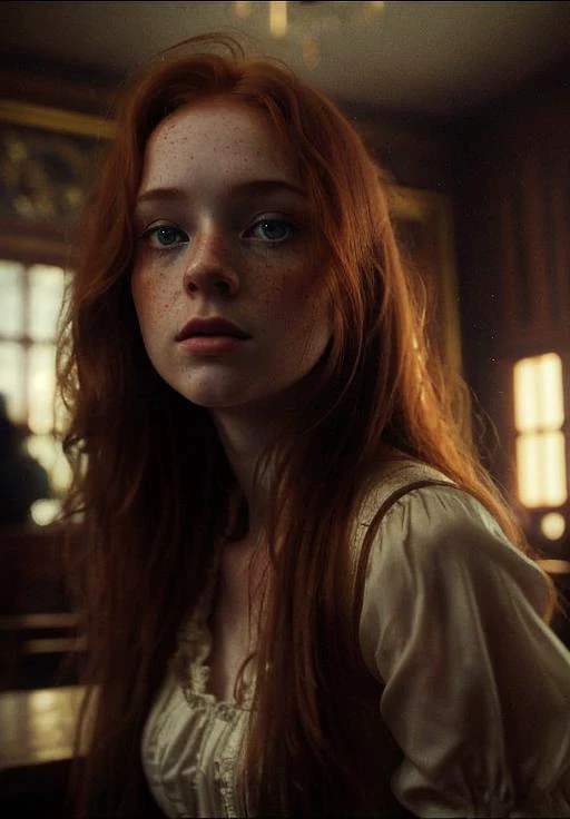 ginger, portrait, masterpiece, victorian style dress, Big Close-Up, pale skin, straight long hair, big blue eyes, freckles, wet hair, best quality, highly detailed, cinematic film, water drops, rain drops, splash detailed, surreal dramatic lighting shadow, kodak, vignette, high budget, bokeh, cinemascope, moody, epic film grain, grainy, hyper detailed, expressive,  award winning, intricate details, looking at viewer, dynamic pose, atmospheric haze, cinematic film still, highly detailed, high budget, photorealistic, candid camera, color graded cinematic, eye catchlights, atmospheric lighting, natural <lora:ginger_v03:1>