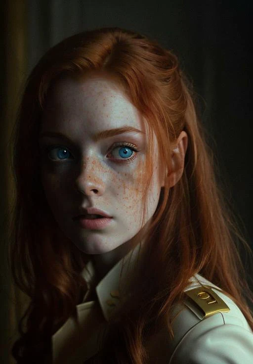 ginger, portrait, masterpiece, military uniform, Big Close-Up, pale skin, straight long hair, big blue eyes, freckles, wet hair, best quality, highly detailed, cinematic film, dramatic lighting shadow, kodak, vignette, high budget, epic film grain, grainy, hyper detailed, expressive, award winning, intricate details, looking at viewer, dynamic pose, atmospheric haze, cinematic film still, highly detailed, high budget, photorealistic, candid camera, color graded cinematic, eye catchlights, atmospheric lighting, natural <lora:ginger_v03:1>