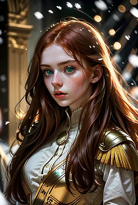 ginger, woman, long hair, green eyes, beautiful, gorgeous, On a Napoleonic battlefield, a ray of light from heaven illuminates his face, In the background a large battlefield covered in snow and blood, 8k, soft lighting, high quality, film grain, Fujifilm <lora:ginger_v03:1>